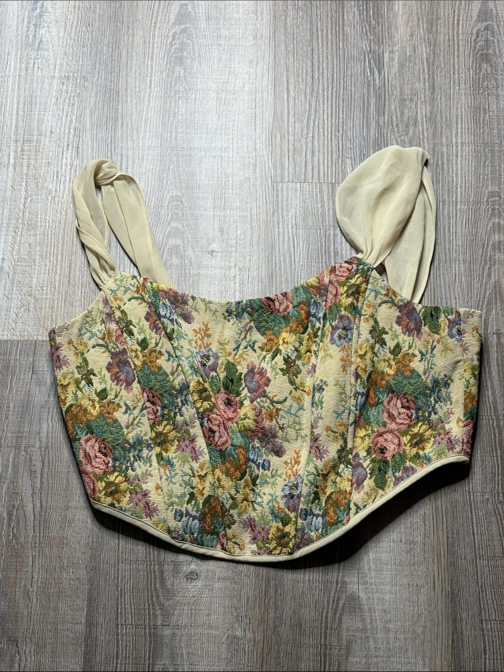 Altar'd State Cream Floral Tapestry Crop Top with Tie Straps